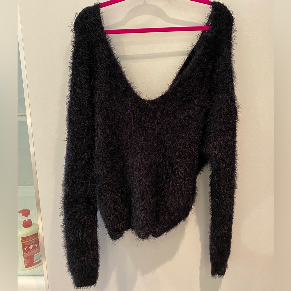 Love Tree Black Fuzzy Knot Back Sweater